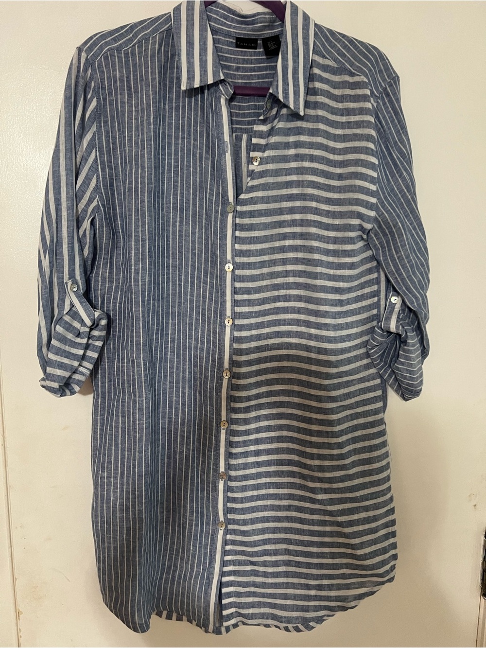 Linen/ RayonBlue & White tunic or cover up Button-Up Shirt